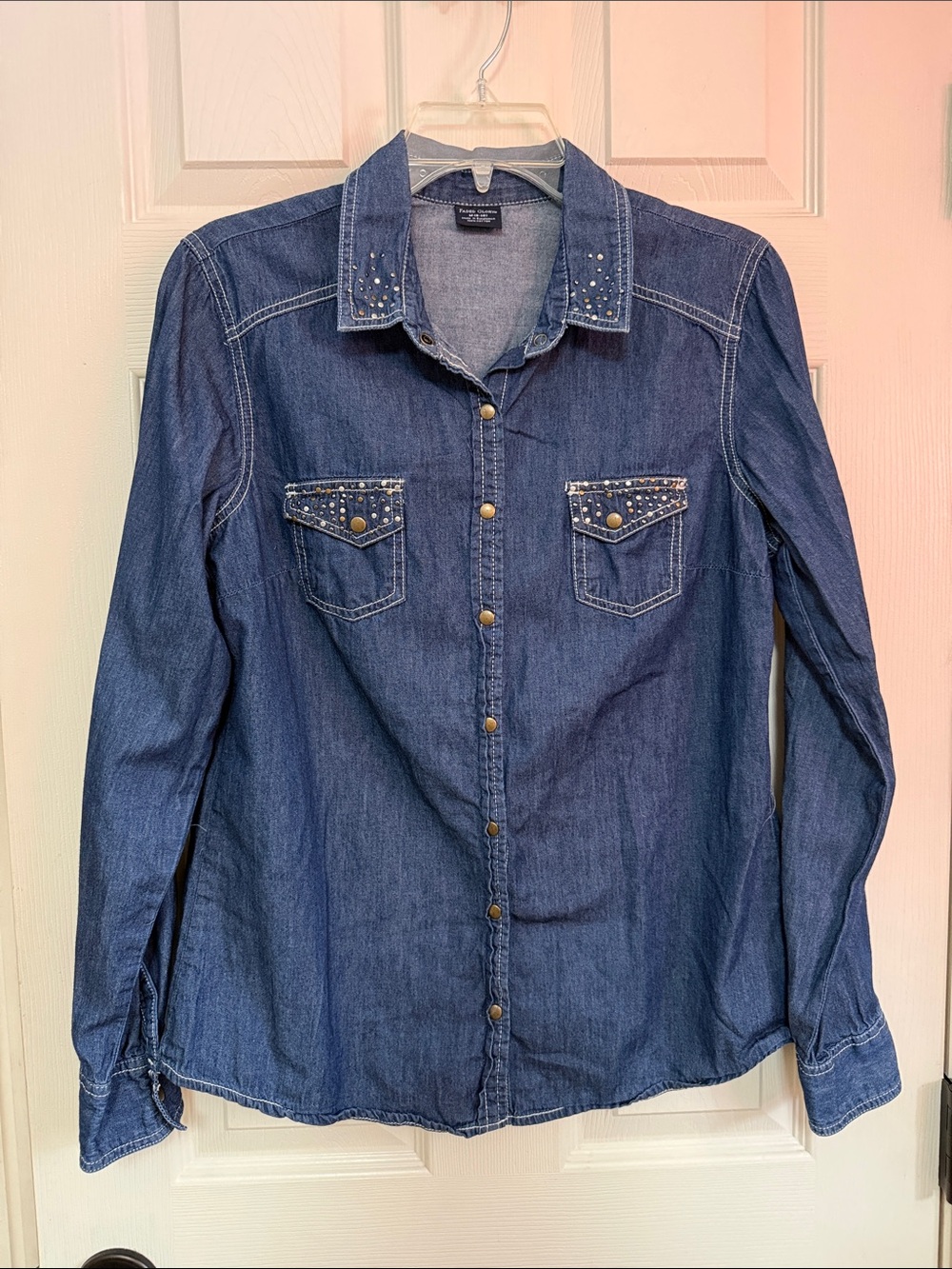 Faded Glory Studded Denim Button-Front Shirt - Blue